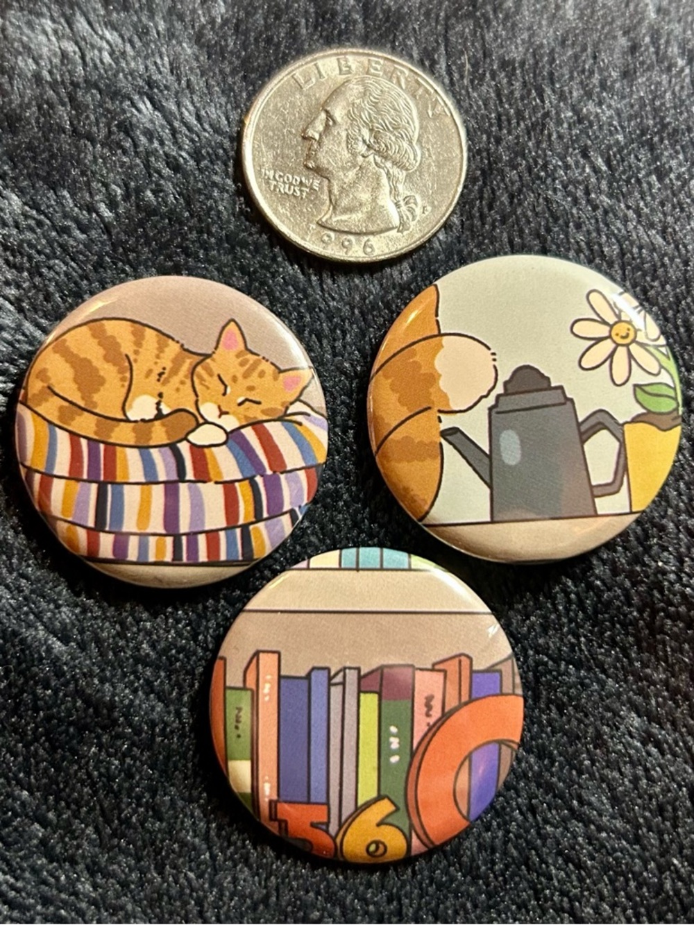 Cozy Cat & Books Button Set Upcycled Bookmark Pins 1.25in - Picture 3 of 9